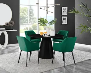 Furniturebox UK Palma Black Semi Gloss Round Pedestal Dining Table & 4 Green Velvet Calla Black Leg Chairs