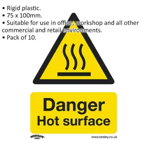 10-Pack DANGER HOT SURFACE Safety Signs - Rigid Plastic Warning 75x100mm