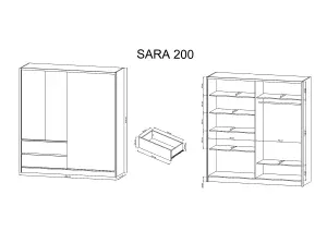 Sara Mirrored Wardrobe 200cm with Drawers in White and Oak Sonoma