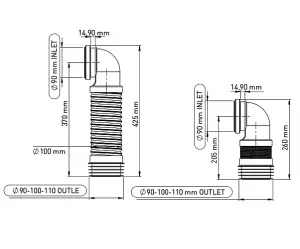 Tycner Pan Connector Soil Pipe Harmonica Flexible Elbow 90/110mm Flush-Mounted Frame