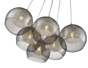 Luminosa Spring 6 Light Cluster Pendant Chrome, Smoked grey with Glass Shades, G9