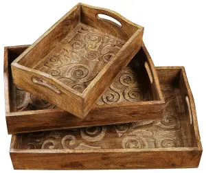 Medium Serving Tray With Handles Platter Oak Tree Design Burnt Medium 38x25x9cm