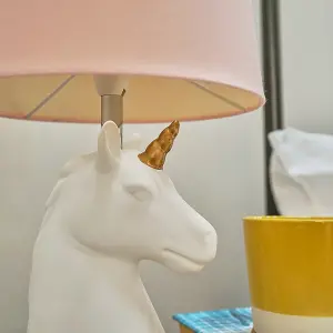 ValueLights White and Gold Ceramic Unicorn Table Lamp With Dusty Pink Tapered Light Shade With LED Golfball Bulb In Warm White