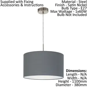 Ceiling Pendant Light & 2x Matching Wall Lights Satin Nickel Grey Fabric Shade