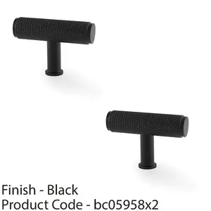 2 PACK - Knurled T Bar Cupboard Door Knob - 55mm x 38mm - Matt Black Unit Pull Handle