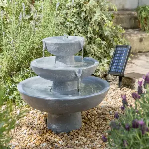 Primrose Hatfield Solar Powered 3 Tier Cascading Grey Outdoor Stone Effect Water Feature 42cm