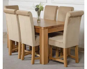 Dakota 127 x 82 cm Chunky Oak Small Dining Table and 6 Chairs Dining Set with Washington Beige Fabric Chairs