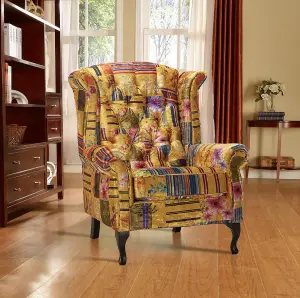 Fabric Gold Patchwork Chesterfield Avici Scroll Wingback Chair