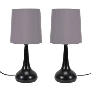 Pair - Black Teardrop Touch Dimmer Table Lamps with Grey Shade for Bedside Table Bedroom Light - LED Bulbs Included