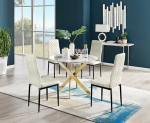 Furniturebox UK Novara White Marble Gold Leg Round Dining Table & 4 Cream Velvet Milan Black Leg Chairs