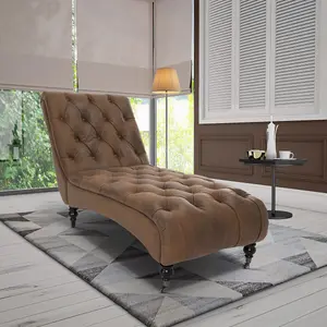 Chaise Lounge in Faux Leather Suede Brown Chesterfield