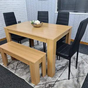 Kitchen Dining Table With 4 Chairs 1 Bench Dining Table Room Set 6 Wooden OAK Effect Table 4 Black Chairs 1 OAK Bench Kosy Koala