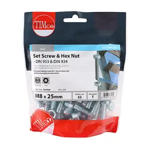 Timco - Set Screws & Hex Nuts - Grade 8.8 - Zinc (Size M8 x 25 - 55 Pieces)