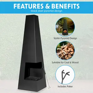 45x150cm Black Steel Chiminea Wood Burner - Stylish Outdoor Fire Pit Heater