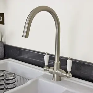 Astini Colonial Brushed Steel & White Ceramic Handle Twin Lever Kitchen Mixer Tap