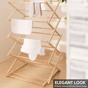 Foldable Wooden Clothes Airer - Indoor Laundry Drying Racks, Portable & Adjustable Folding Clothes Horse, Natural Wood Dryer Rack.