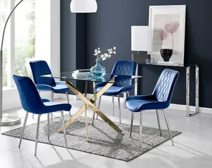 Furniturebox UK Leonardo 4 Gold Dining Table and 4 Navy Pesaro Silver Leg Chairs