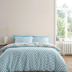 Bianca Bedding Hans Retro Spot 200 Thread Count Cotton Reversible King Duvet Cover Set with Pillowcases Blue