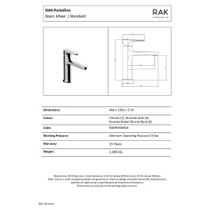 RAK Portofino Brushed Gold Modern Basin Sink Mixer Tap Solid Brass