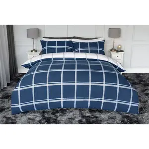 Belledorm Dalton Brushed Cotton Checked Duvet Cover Set Navy/White (Single)