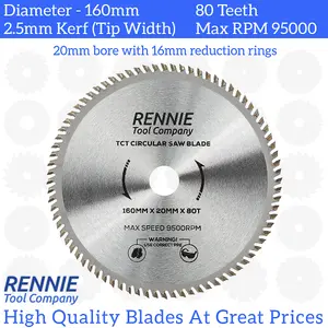 160mm x 80T TCT Circular Wood Saw Blade Fits Bosch, Makita, Black & Decker, Dewalt, Festool TS55 etc