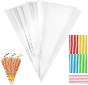 100 Pcs Christmas Sweet Cones Bags, Kids Party Bags With 100Pcs Ties Wedding Goody Cellophane Treat Birthday Stocking Fillers Kids Party Gift Bags