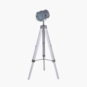 Retro White Wash and Silver Metal Tripod Floor Lamp