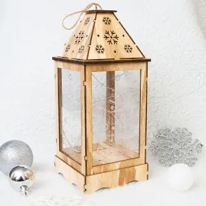 Pre-Lit Wooden Christmas Lantern with Snowflake Cut-Out & LED String Lights - Standing or Hanging Festive Decoration