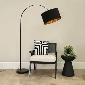 ValueLights Louis Black Arched Curved Floor Lamp with Black and Gold Inner Shade & LED Bulb