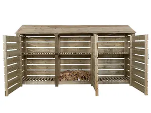 Slatted wooden log store with door and kindling shelf W-335cm, H-180cm, D-88cm - natural (light green) finish