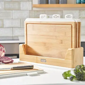 Cooks Professional Bamboo Index Chopping Boards with Stand, Wood Cutting Boards Veg, Meat & Fish White