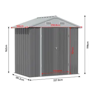 8x6 ft Apex Metal Shed Garden Storage Shed with Lockable Double Door,Grey