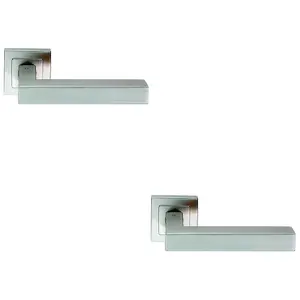 2 PACK - Premium Straight Door Handle Set - Satin Steel Designer Lever on Square Rose