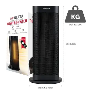 NETTA 2000W Fast Heating Ceramic Portable Tower Heater with Timer & Remote Control - Black