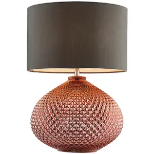 Modern Textured Table Lamp Copper Glass Base & Grey Shade Bedside Feature Light