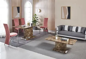 Modernique Brown MDF Marble Effect Dining Table with 4 Pink Velvet Chairs