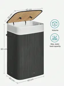 SONGMICS Bamboo Laundry Basket, 72L Foldable Laundry Hamper, Rectangular Storage Hamper With 3 Handles, 40 X 30 X 60 Cm, Black