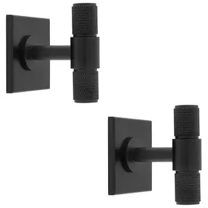 2 PACK - Knurled T Bar Cabinet Door Knob & Matching Backplate - Matt Black 40 x 40mm