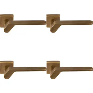 4 PACK - Premium Modern Slim Door Handle Set - Antique Brass Angled Lever on Square Rose