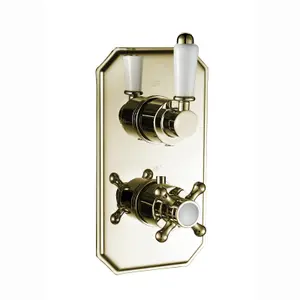 ENKI Regent English Gold White Crosshead 2-Outlet Solid Brass Thermostatic Twin Shower Valve TSV036