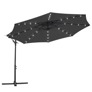 SunDaze 3M Black Garden Cantilever Banana Parasol with Solar LED Lights Outdoor Patio Umbrella