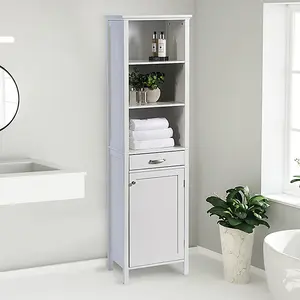 Greenhurst Tall Storage Cabinet White Bathroom Unit adjustable shelving and drawer H170 x W47.5 x D38cm