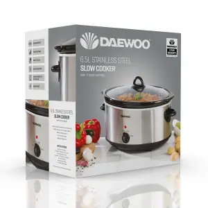 Daewoo Slow Cooker 6.5 Litre With 3 Heat settings Easy Clean Silver SDA1788GE