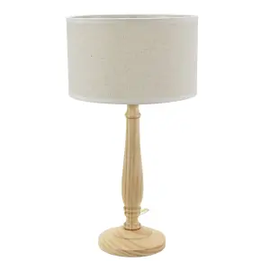 ValueLights Victoria Light Wood Candlestick Table Lamp with Linen White Trim Drum Lamp Shade and LED Bulb