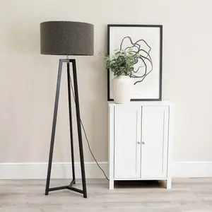 ValueLights Lottie Black Wood Tripod Floor Lamp with Charcoal Grey Boucle Drum Shade