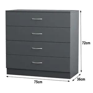 SunDaze Chest of Drawers Bedroom Furniture Bedside Cabinet with Handle 4 Drawer Grey 75x36x72cm