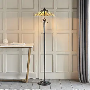 Luminosa Dark 2 Light Floor Lamp Black, Tiffany Style Glass, E27