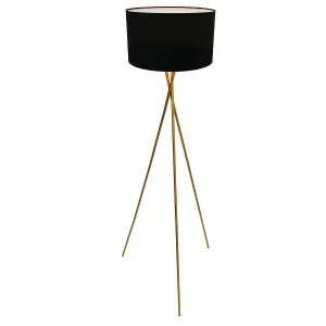 First Choice Lighting Hayley Satin Gold Tripod Floor Lamp with Black Shade