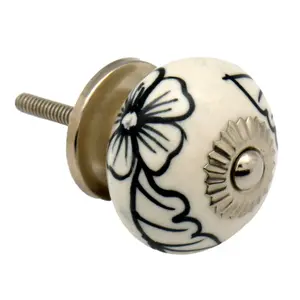 Nicola Spring - Round Ceramic Cabinet Knob - Black Blooms