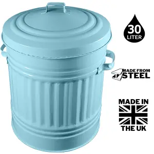 Duck Egg Blue Metal Bin with Dustbin Lid Strong Steel 30L Bin Ideal for Kitchen Bathroom Rubbish Bin Animal Feed Pet Food